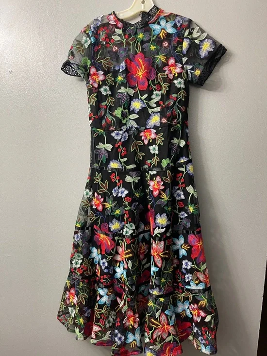 Anthropologie Janine Embroidered Dress features a high neck, sheer cap sleeves 6 - Picture 4 of 9